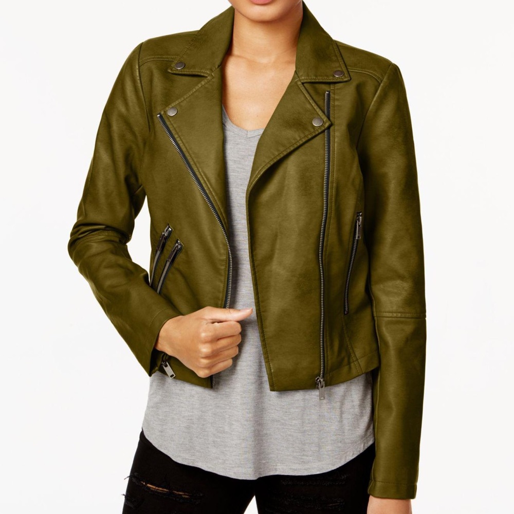 NWT Coffee Shop Moto Olive Green Faux Leather Jacket Size XL